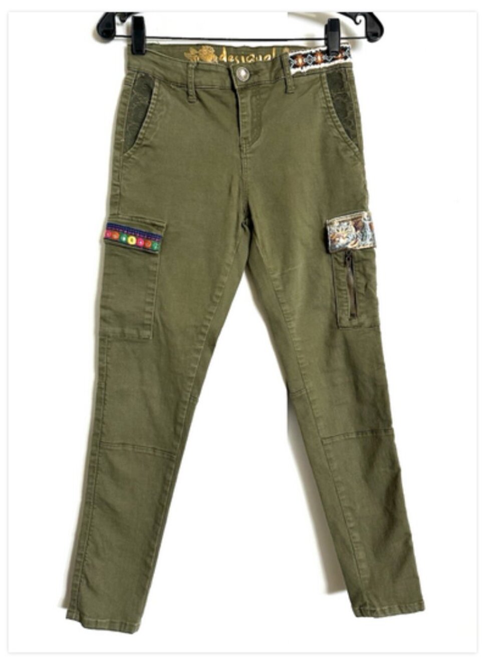 DESIGUAL Exotic Jeans 34 Army Green Embellished 26x27 XS 2